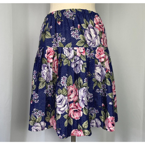 Vintage Pleated Skirt Womens Size 12 Navy Blue Rose Floral A Line Knee Length - Picture 14 of 14